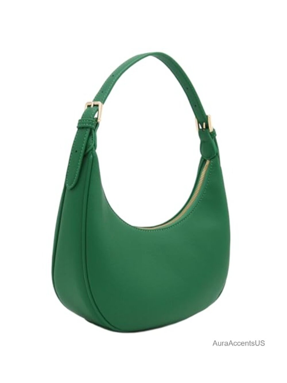 Faux Leather Crescent Shoulder Bag Baguette Purse - Adjustable Strap, Gold Tone